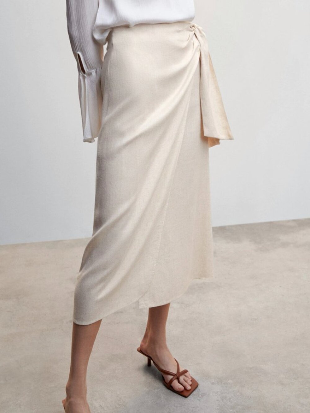 Mango Natural Beige Linen Blend Midi Wrap Skirt Size Medium